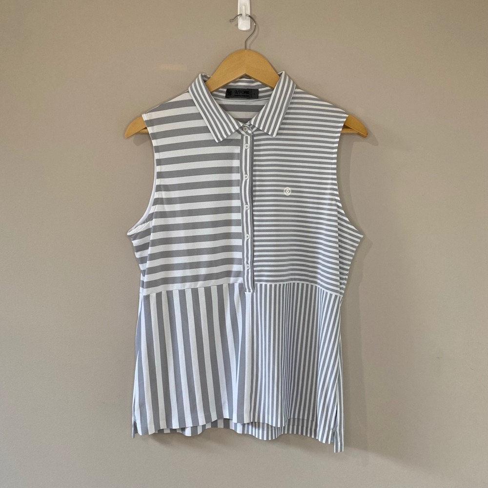 G/FORE Womens Grey White Mixed Stripe Sleeveless Golf Polo Shirt Size Large EIC